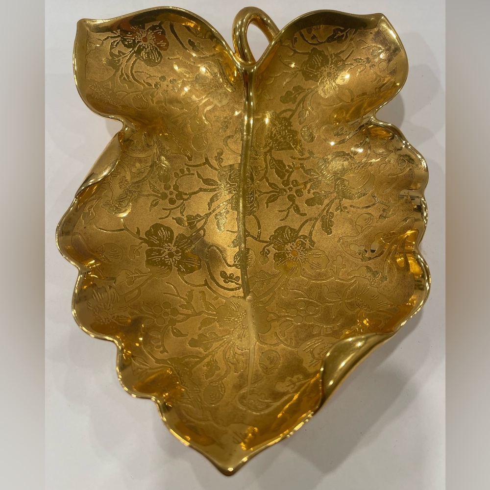 GOLD 22k Rich Painted Leaf Plate Trinket Dish VINTAGE Hand Painted Osborne Mark